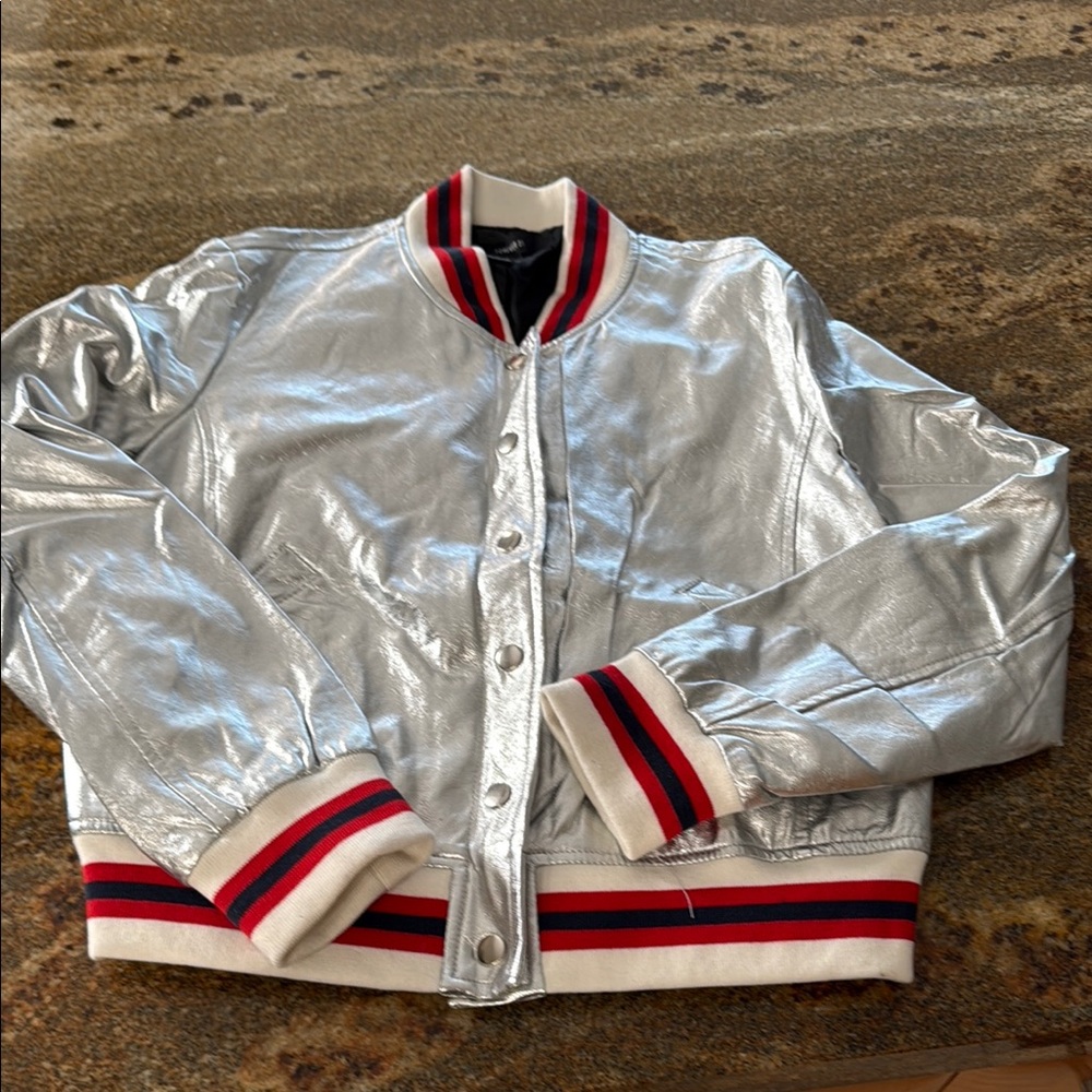 Silver Metallic Bomber Jacket with Striped Trim